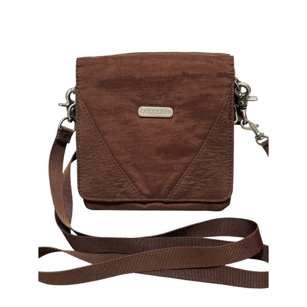 Baggallini Small Brown Nylon Multi Pocket Crossbody Bag Adjustable Strap EUC